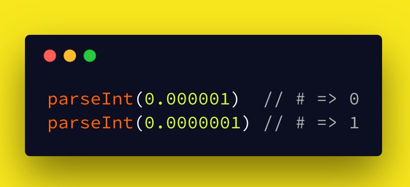 JavaScriptDaily's tweet image. Puzzle time: Yes, this is not good code, but do you know why this quirk occurs? Answer will be posted (or retweeted) later :-)
Clue: An intermediate step occurs in the transformation of the supplied number.