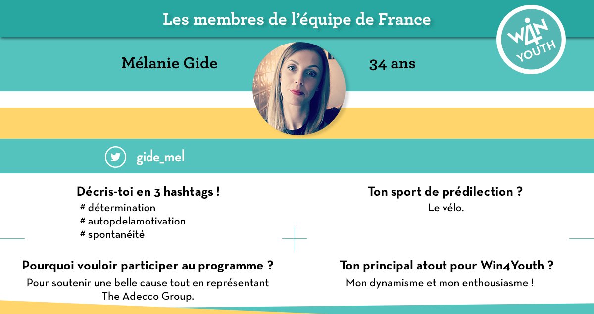 Son principal atout pour <a href="/Win4Youth/">Win4Youth</a> ? Son dynamisme et son enthousiasme ! Découvrez <a href="/gide_mel/">MelGideAdecco</a>, responsable recrutement <a href="/AdeccoFrance/">Adecco France</a> et ambassadrice #Win4Youth !