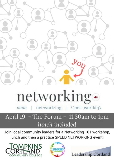 TC3StudentLife's tweet photo. Networking 101 event: Thurs 4/19 11:30-1pm - all students invited! Join members of Leadership Cortland and @LeadTompkins for a workshop and #speednetworking program on campus! #networking #tcNextStep @TC3_official https://t.co/RH9qZoJO4h