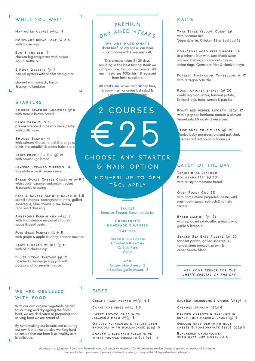 cornstore_cork's tweet photo. WIN DINNER & WINE
FOR YOU & YOUR FRIEND!
To coincide with Launching our new
β¬25 TWO COURSE MENU
(up to 6pm Mon-Fri choose a Starter and a Mains (Catch of the Day incl, steaks excl from our New A la Carte Menu) to WIN simply tell us which options you would choose..#windinner https://t.co/sncF9cJWzZ