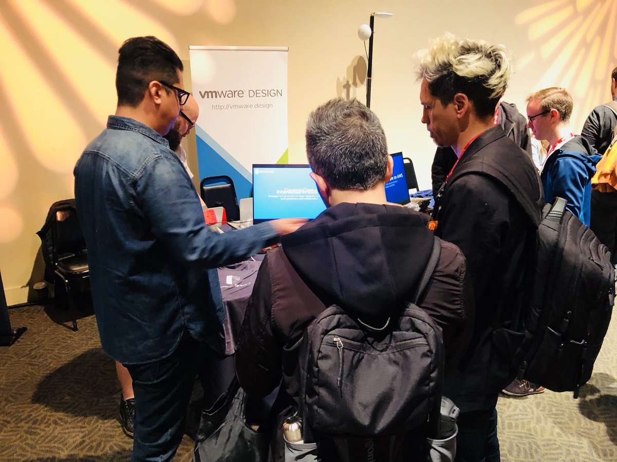 VMwareDesign's tweet photo. We’re at @smashingconf ! Stop by for a cool t-shirt and a chance to win a DJI spark drone 🙊 #VMwareDesign #SmashingConf #VMware https://t.co/yGO6c7OzA4
