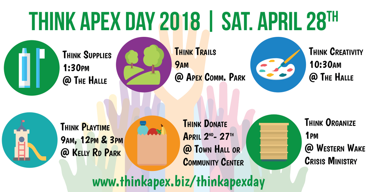 Think Apex Day is less than 2 weeks away! Help build a strong community mindset by volunteering in Apex on April 28th. Learn more and sign up at: bit.ly/2I4ISDJ