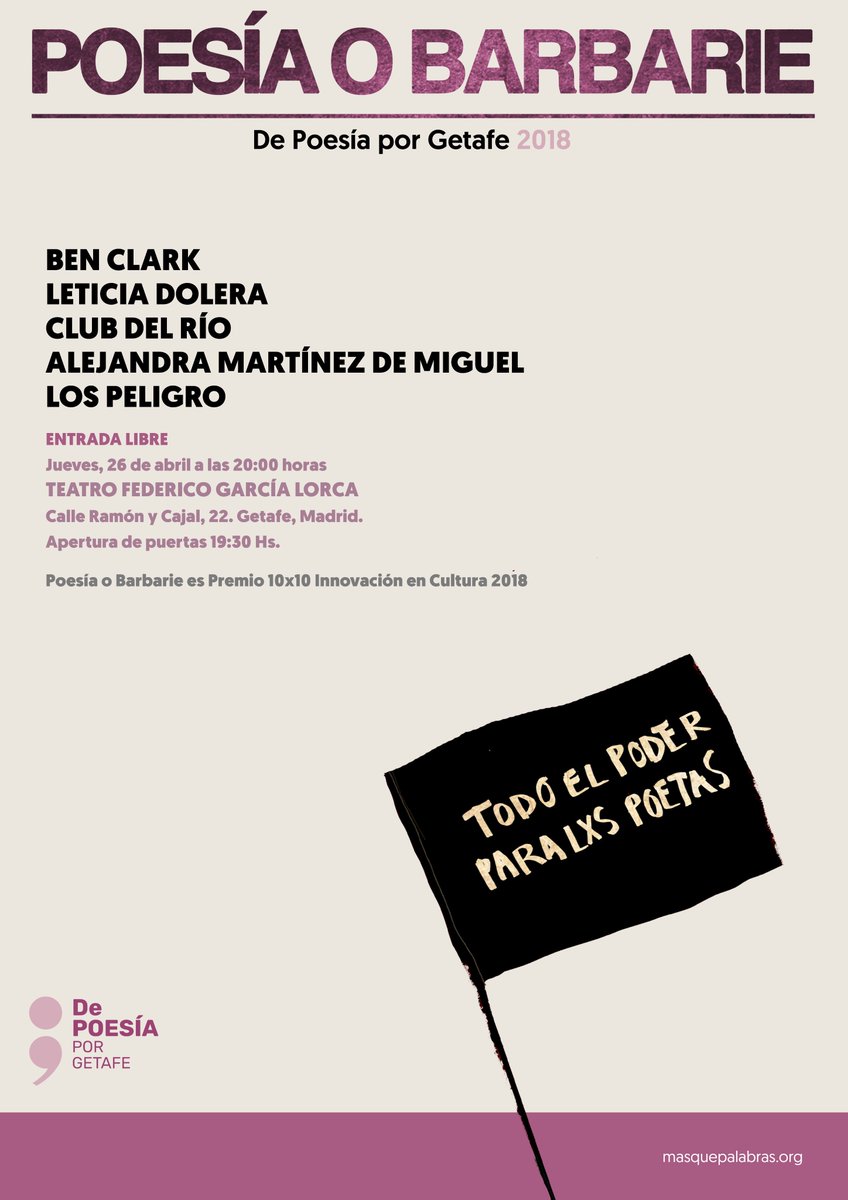 ❤️🔥 26 de abril #PoesíaoBarbarie con:
<a href="/benclark84/">ben clark</a> premio de poesía Loewe
<a href="/LeticiaDolera/">LeticiaDolera</a> premiada directora, actriz y guionista
<a href="/Alemardemi/">Alejandra Martínez de Miguel</a> campeona del Poetry Slam
<a href="/txepeligro/">Sergio C. Fanjul</a> premiado poeta y periodista
<a href="/Clubdelrio/">Club del río</a> la pandilla musical del momento
Info: bit.ly/PoesiaoBarbari…