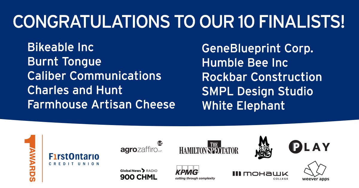 The results are in! Here are the 10 finalists for the 2018 #HamOnt #Halton 1Awards! Congrats <a href="/bikeables/">Bikeables</a> , <a href="/Theburnttongue/">The Burnt Tongue</a> , Caliber Communications, <a href="/CharlesAndHunt/">Charles & Hunt</a>, Farmhouse Artisan Cheese, GeneBlueprint, <a href="/HumbleBeeHamOnt/">Humble Bee</a>, Rockbar Construction, <a href="/SMPLDesign/">SMPL Design Studio</a>, @whiteelephantco