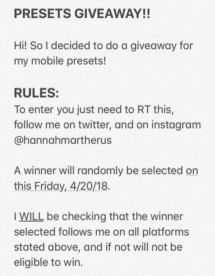 hannnahkristine's tweet photo. PRESETS GIVEAWAY! Winner gets both my mobile presets! RT and follow me on here, as well as Instagram, @/hannahmartherus to enter! Winner will be announced this Friday (4/20) 

Don’t wanna wait? Dm me to purchase either or both rn ✨💞 https://t.co/z8joRuWwA2