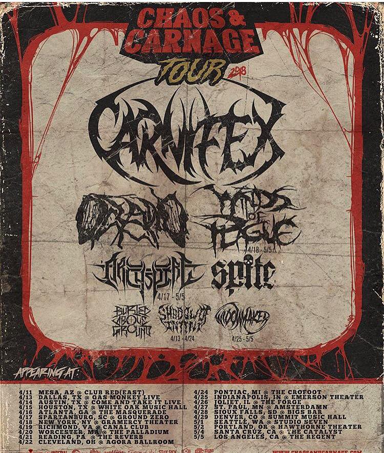 Tomorrow night the #ChaosAndCarnage Tour makes a stop at @GramercyTheatre in NYC with @carnifex @oceanometal @windsofplague @Archspireband @SPITEca @BuriedaboveGrnd and Shadow of Intent 🤘⚡️🤘