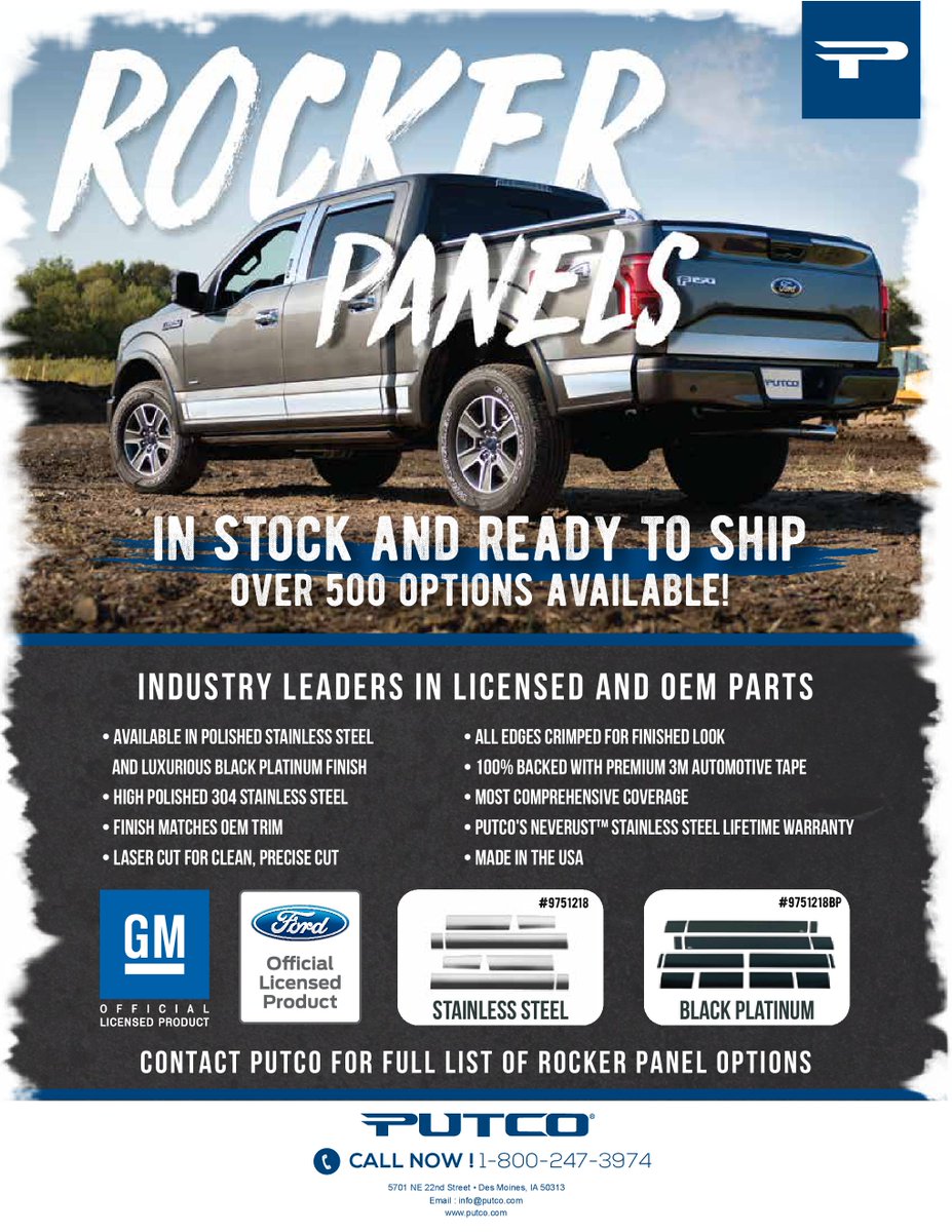 Putco_Inc's tweet photo. Stand out in the crowd with a set of Putco stainless steel rocker panels! Made from 304 stainless steel and available in polished stainless and Black Platinum color options as well as Ford and GM licensed etching. Give your vehicle that custom look today! #putco #stainlesssteel https://t.co/xD0GFoTzfq