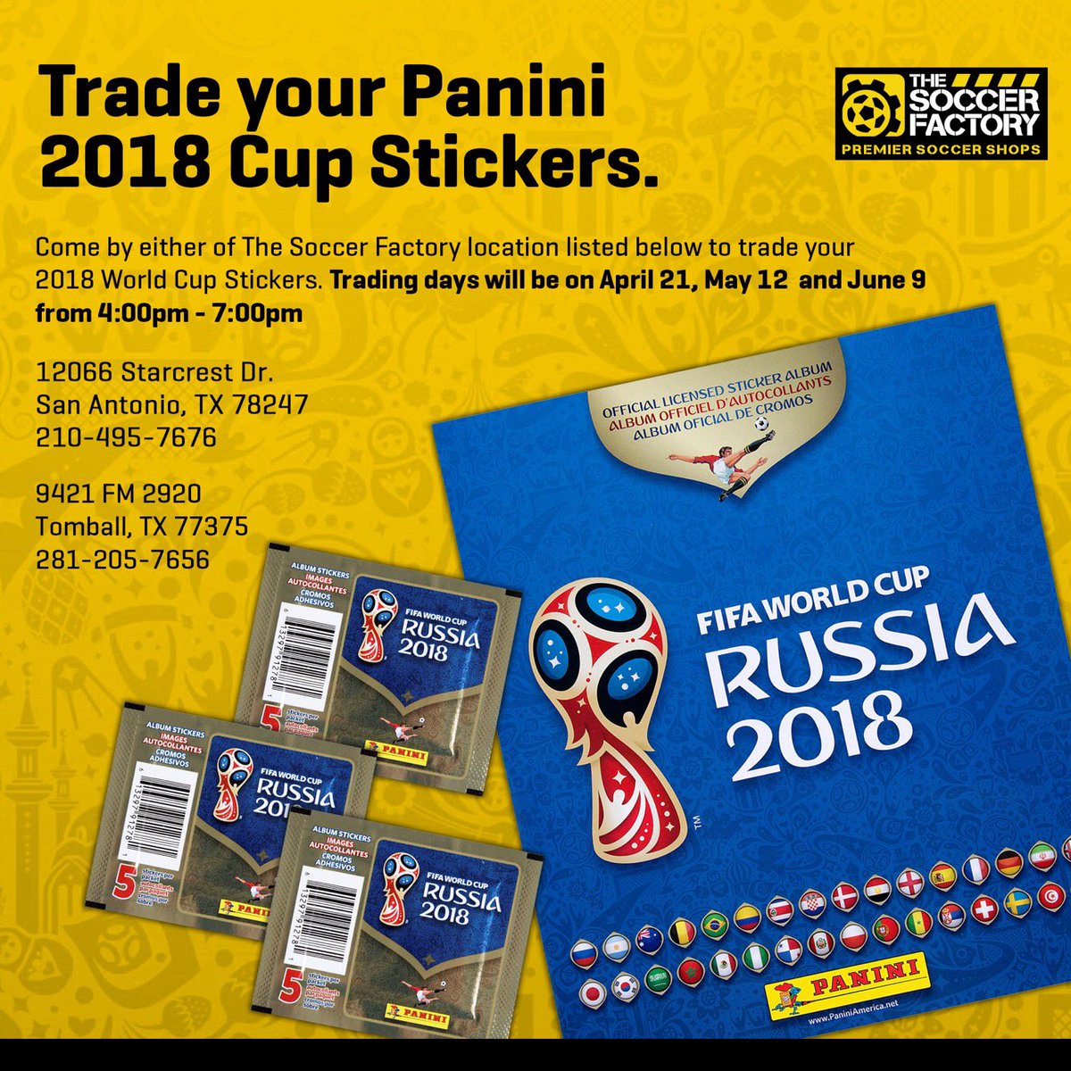 SoccerFactoryTX's tweet photo. 🚨EVENT NEWS🚨
*ONLY at #TSF1 and #TSF3(Houston)* Panini trading April 21st, May 12th, and June 9th from 4pm-7pm🌎⚽️ https://t.co/41zfjezF4L