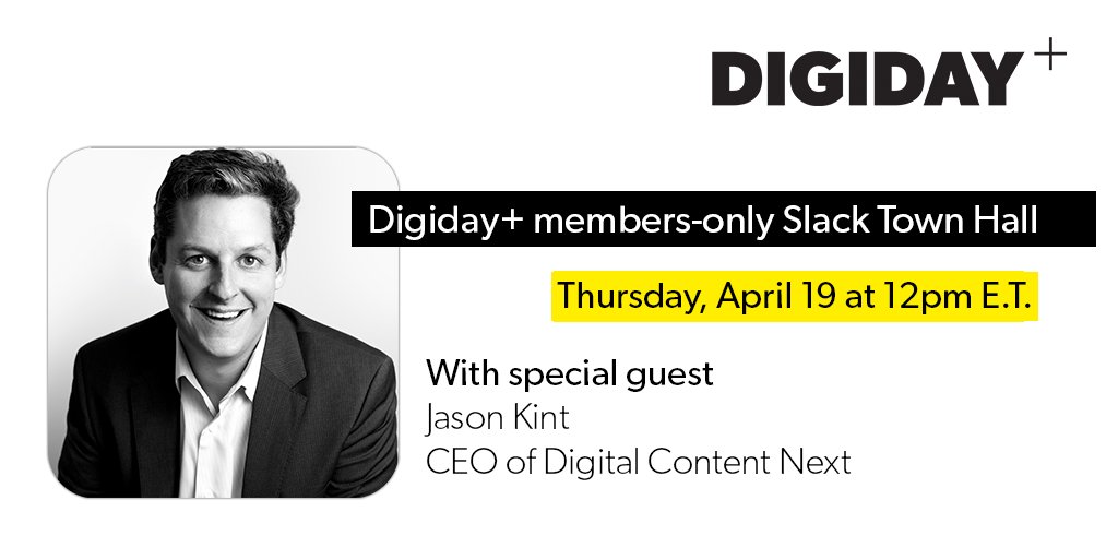 Digiday's tweet photo. This Thursday @jason_kint will join our Digiday+ members for a Slack Town Hall discussion on the state of digital publishing. Become a member now to participate https://t.co/nbyF2uL4p9 https://t.co/wNuVybXiU7