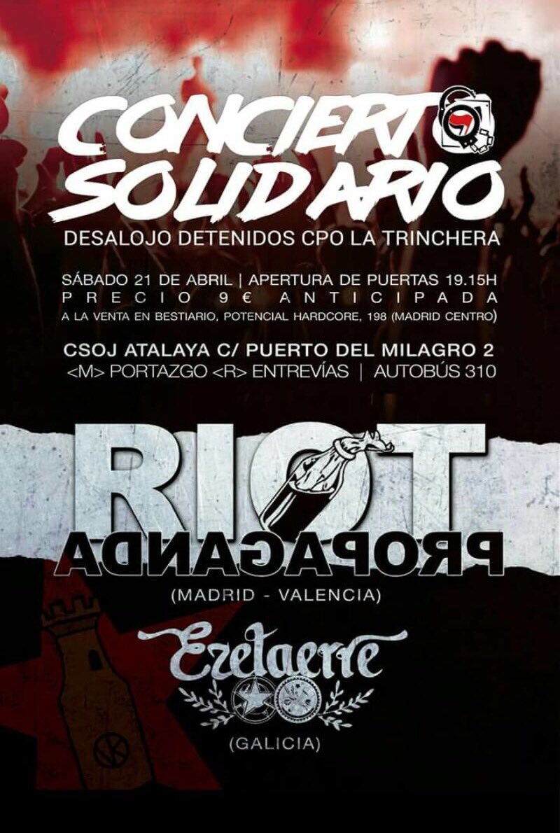 Últimos días y últimas entradas para el concierto de este sabado en apoyo a los <a href="/5LaTrinchera/">Cinco La Trinchera</a>. Nos os quedeís sin ellas <a href="/RiotPropaganda_/">Riot Propaganda</a> <a href="/ezetaerre/">Ezetaerre</a>