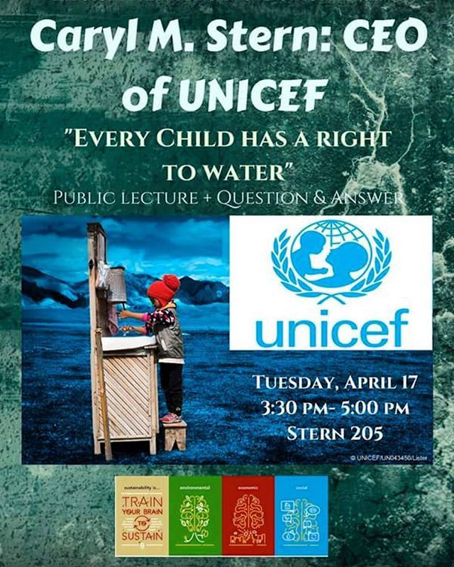 We can’t wait for Caryl Stern’s lecture, “Every Child has a Right to Water.” Come join us today at 3:30 in Stern 205. She excited to talk to you, so stick around for the Q&amp;A afterwards! ift.tt/2Hu4qNe