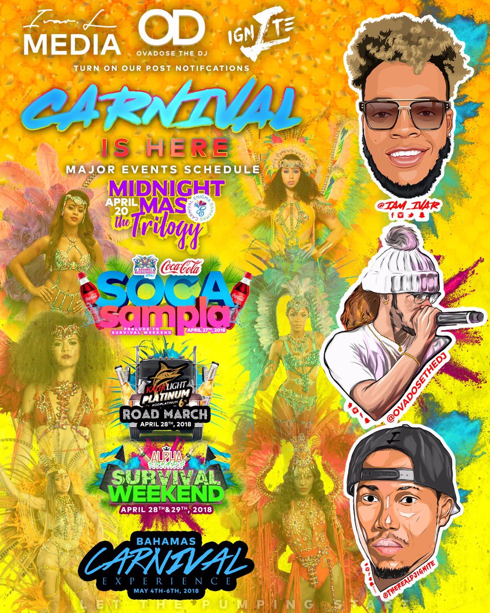 1var_l's tweet photo. Carnival SZN has reached its peak 🔥🇧🇸. Here’s where to find my team and me !

🔥 @ovadosethedj @therealdjignite 🔥

#bahamascarnival #bahamascarnival2018 #iamsoca #topstrikers #ioi #carnival #soca #bahamas #bahamasevents #enigmabah #bahmasqueraders #ivarlmedia https://t.co/CecxXQBK67