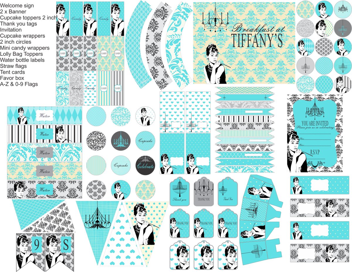 Breakfast at Tiffany's party printables, Audrey Hepburn Party decorations, everything you need for your Breakfast at Tiffanys party seethis.co/JQJzzy/ #partypackages #partyplanners