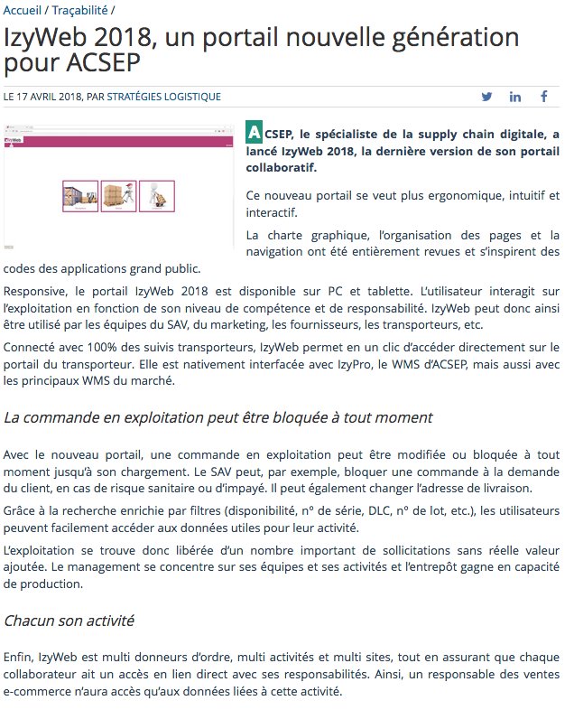 Celine_Camon's tweet photo. #SupplyChain #Logistique #Entrepôt #IT #IzyWeb 2018, un #portail nouvelle génération pour @ACSEP_France https://t.co/MYjCEdJyBf via @stratlog https://t.co/UA8Mp3RA3F