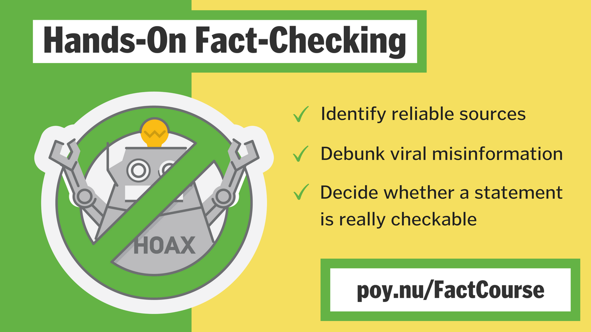 factchecknet's tweet photo. Have you checked out "Hands on Fact-Checking"? https://t.co/IGyPbCy1ZZ Here are six practical exercises that are part of the 90-minute free online course.

#factcheckit https://t.co/npcd5fHyNJ