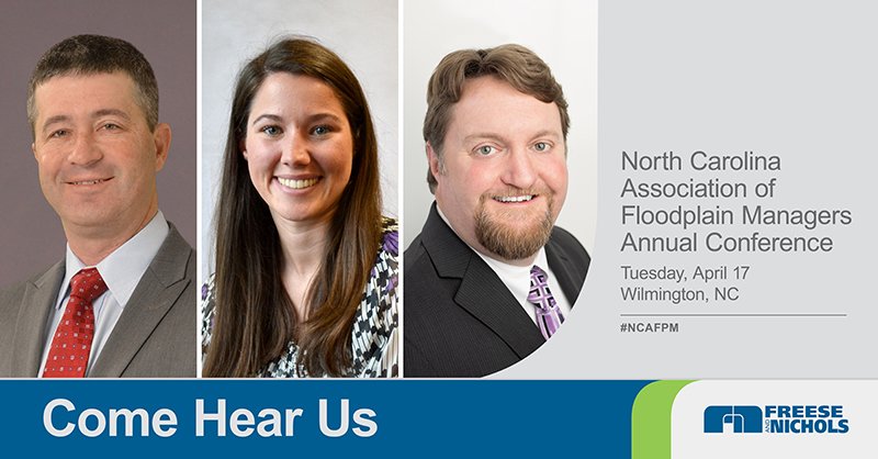 FreeseNichols's tweet photo. We kick off our #NCAFPM presentations this afternoon. Hear about a new methodology for assessing erosion and how you can be prepared for disasters. See our full list of presentations here: https://t.co/u9xNIT19Sb @NCAFPM https://t.co/n5f0kDHxoS