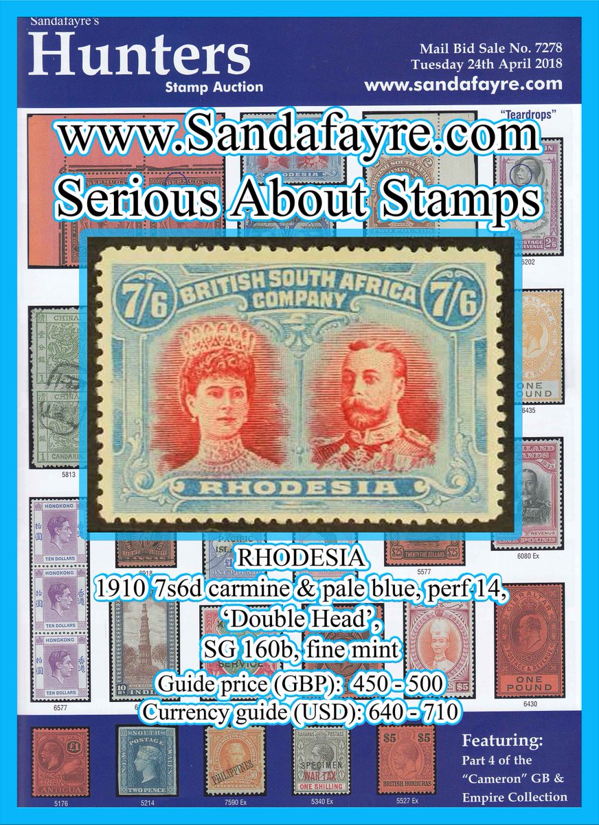 Sandafayre's tweet photo. A popular series with collectors, the #Rhodesia #DoubleHeads - this 1910 7s6d issue appears in our sale today! #Stamp #Auction https://t.co/vXYDLhDHfo #SeriousAboutStamps #Sandafayre https://t.co/c6hh1kbAG5