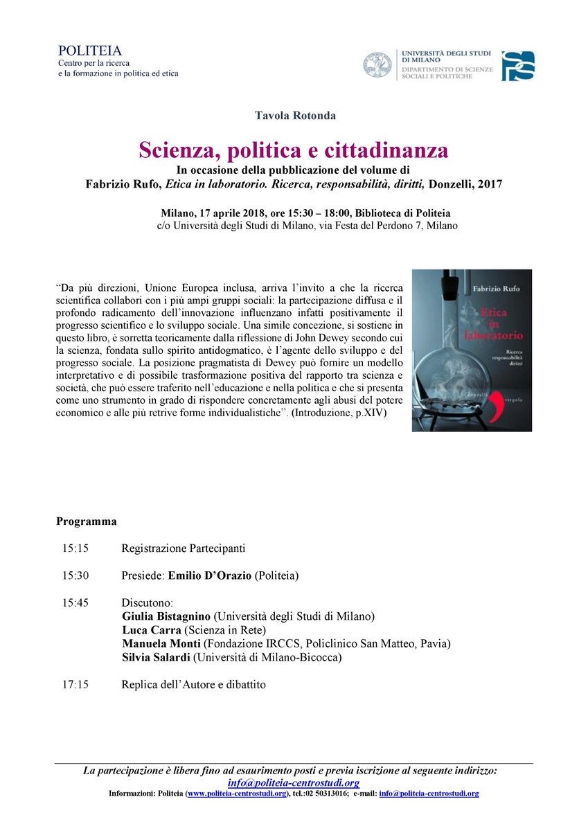 Politeia1983's tweet photo. Oggi, 17 aprile si terrà la tavola rotonda in occasione della pubblicazione del volume di Fabrizio Rufo “Etica in laboratorio. Ricerca, responsabilità, diritti” (Donzelli, 2017) presso la biblioteca di @Politeia1983. https://t.co/G6XZ1cT2Wz