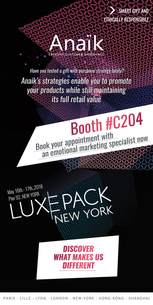 Anaik_company's tweet photo. #USA Focus : SAVE THE DATE May 16 &amp; 17, 2018, Pier 92 in New York City Anaik team would be pleased to meet your brand at @LUXEPACK_SHOW #NYC.
Stay tunned ! Contact us to book an appointment with an #emotional #Marketing #Product #Specialist hello@anaikamerica.com #beauty #makeup https://t.co/tk3DkPknYp