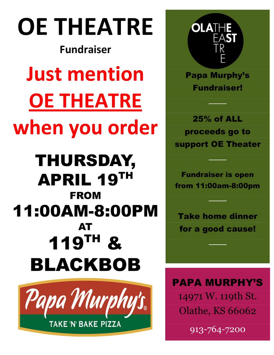 Don’t forget to pick up some pizza on the way home this Thursday! Just mention Olathe East Theatre and 25% of your total purchase goes to <a href="/OEtheatre/">Olathe East Theatre</a>