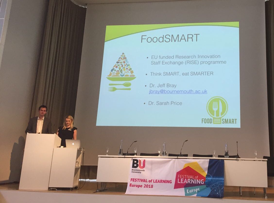 BUtoBUrlin's tweet photo. Now talking about FoodSmart - @bournemouthuni very own global talent on stage, Dr Sarah Price and Dr Jeff Bray. #GlobalFol18 #FoodSmart https://t.co/uw5o5A0rbH