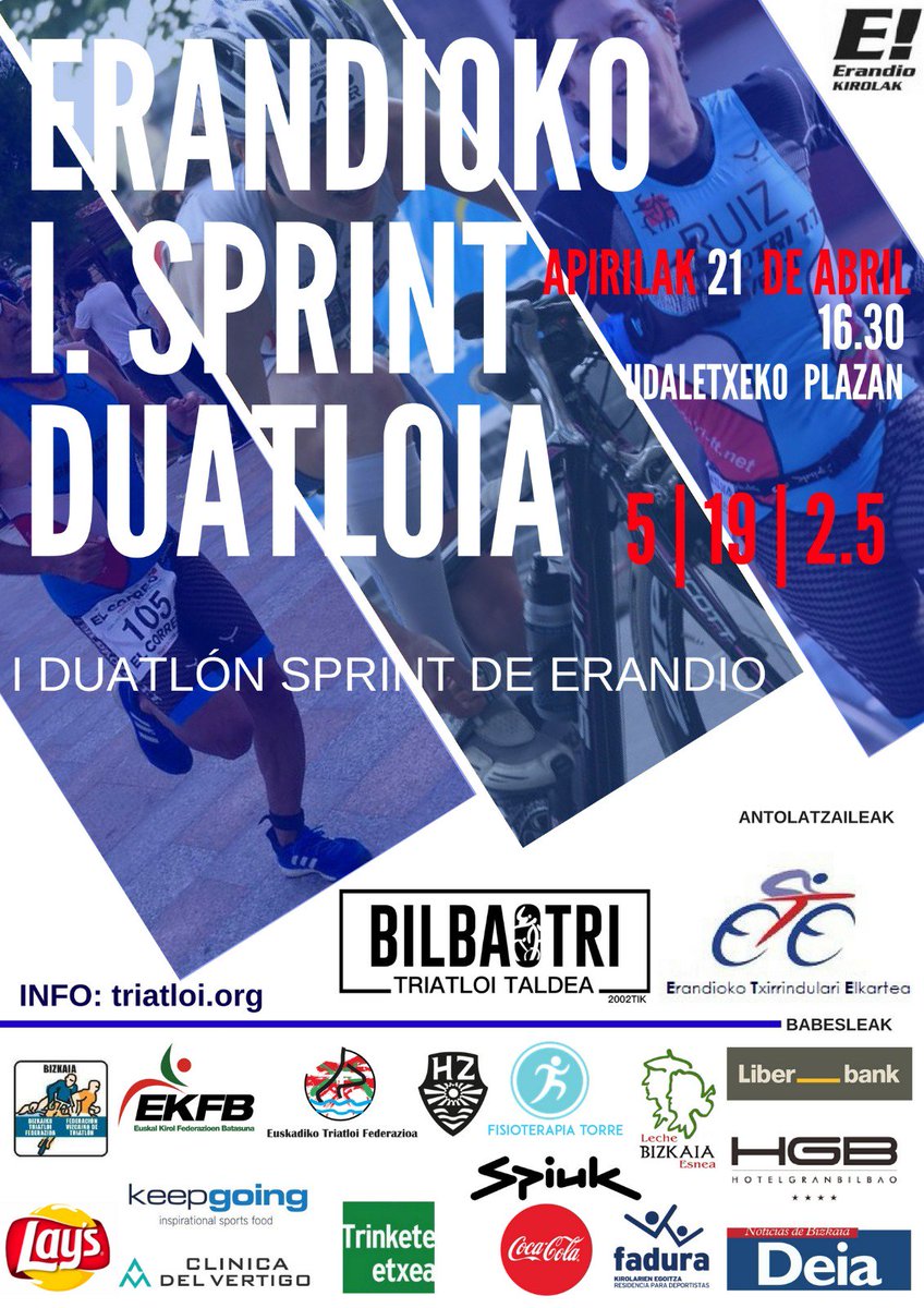 Bilbaotri's tweet photo. Larunbata honetan euskal zirkuituko azken duatloia Erandion ospatuko da! Ez falta!
El sábado en Erandio el último duatlón del circuito vasco! No faltéis!
@jon_speaker #DuTriGureKirola @HiriZikloak @HotelGranBilbao @bizkaiaesnea @Liberbank @SPIUKSportline @deia_bizkaia https://t.co/spG6pYPe1h