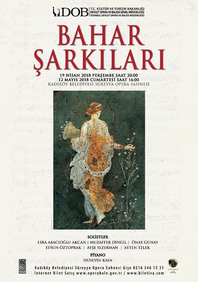 "Bahar Şarkıları" konserimizi 19 Nisan 2018 perşembe, saat 20:00 de Kadıköy Belediyesi Süreyya Operası'nda gerçekleştirileceğiz.
Konserimize tüm sanatsever dostlarımızı bekliyoruz.

Bilet Satışı: ➲ Kadıköy Belediyesi Süreyya Opera Sahnesi Gişe ➲ biletiva.com