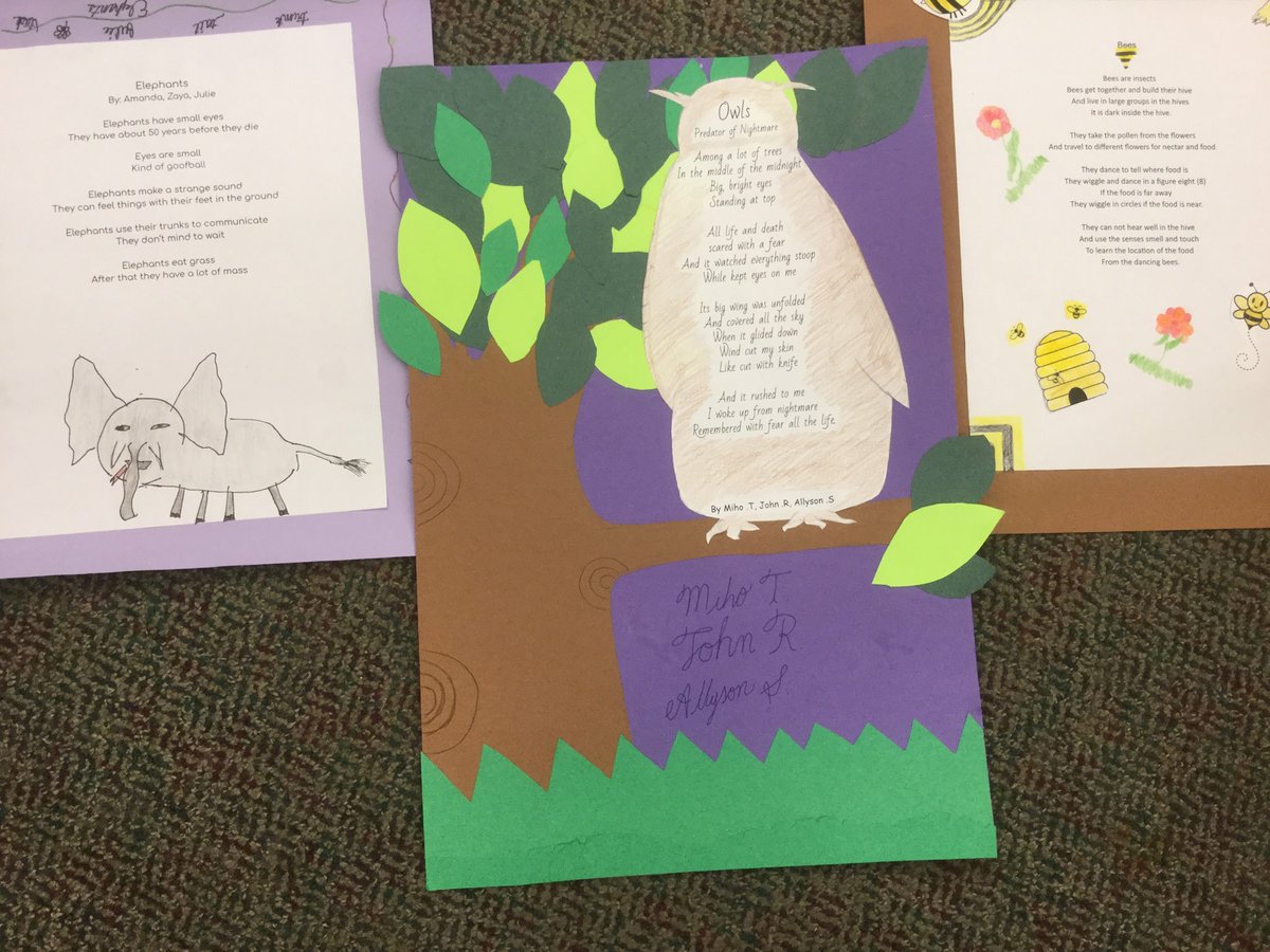 wcfilly's tweet photo. Look what collaboration can do among my lowest English speakers!  Sensory imagery poems about the animals in our latest unit.  #wci_eld https://t.co/HQxhFUyQJc