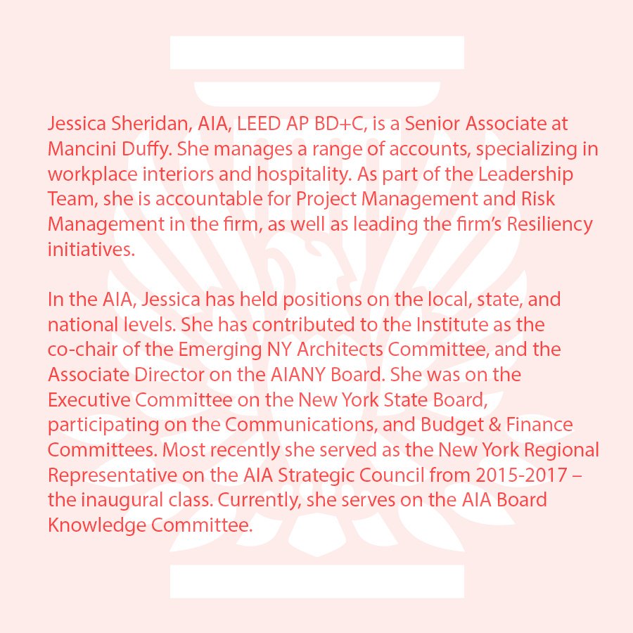 aiaqueens's tweet photo. Jessica Sheridan, AIA, LEED AP BD+C will be joining us this Thursday, April 19th for our 'Why AIA?' event. Swipe to the right to learn more about her. #WhyAIA #AIALeadership #AIAQueens 

You can RSVP at: https://t.co/9J1InNRUZS https://t.co/dGdrSjc11N
