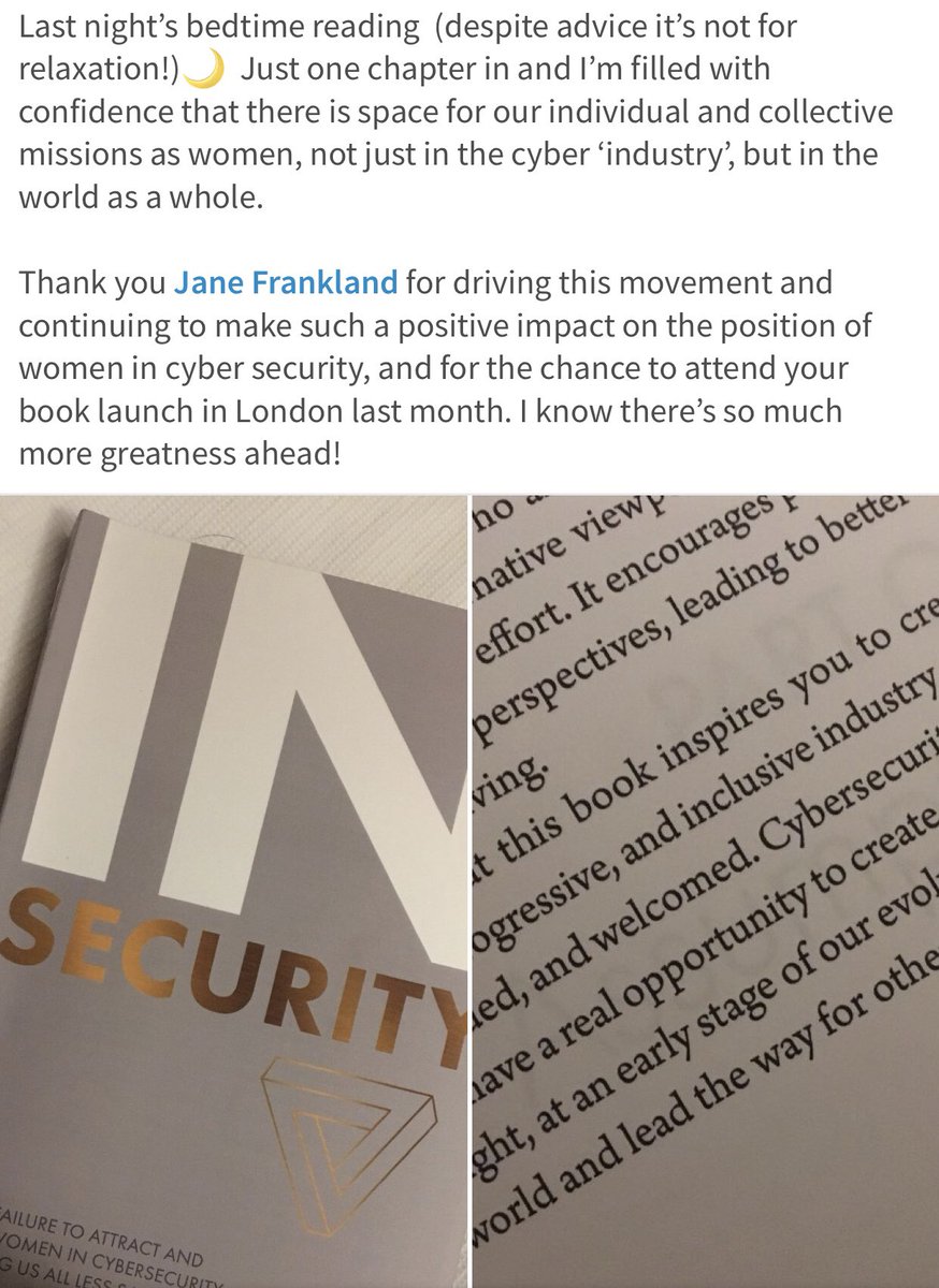 JaneFrankland's tweet photo. My best-selling book, which is all about how a failure to attract & retain women in #cybersecurity is making us all less safe & what to do about it is being stocked at the @RSAConference bookshop. Check it out! It’s getting great reviews & is helping #womenintech #wicys2018 https://t.co/e7zfFrcYTp