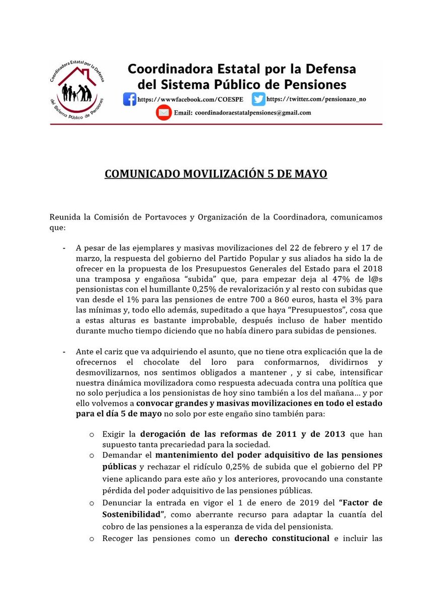 pensionazo_no's tweet photo. 🔴🔊COMUNICADO DE LA COORDINADORA SOBRE LA GRAN MOVILIZACION DEL 5 DE MAYO EN LA QUE VOLVEREMOS A TOMAR LAS CALLES POR UNAS #PensionesDignas #5MayoYoVoy No pararemos hasta conseguirlo!!! MÁXIMA DIFUSIÓN 👇👇👇👇👇👇👇👇👇👇👇👇👇👇👇👇👇👇👇 https://t.co/8v3SMy1lw4