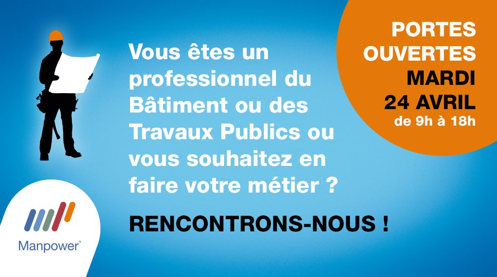 ManpowerFrance's tweet photo. [📌SAVE THE DATE ] Venez rencontrer les recruteurs experts de #Manpower le 24 avril prochain lors de la 1ère édition des portes ouvertes des agences @ManpowerFrance #BTP de votre région ! 👉 https://t.co/boe3p4HAMT #recrutement https://t.co/xx2jvxgUyc