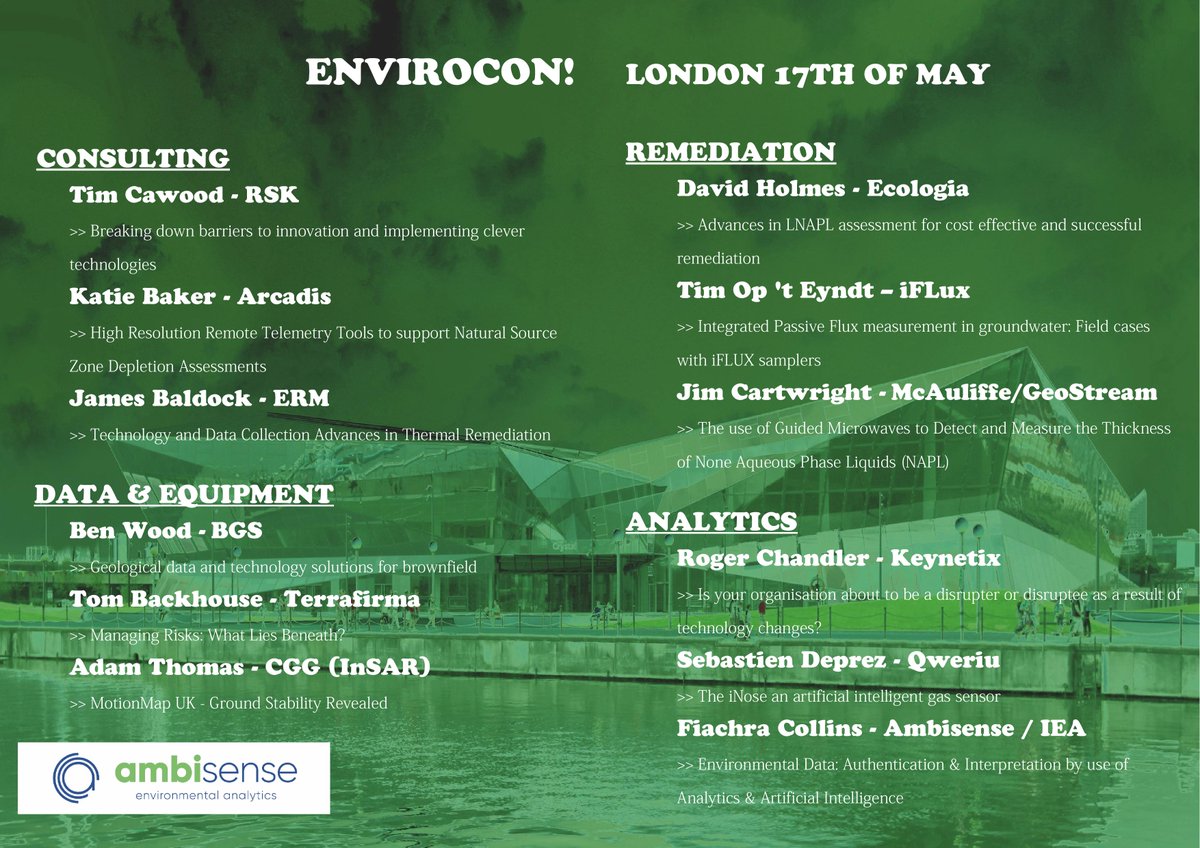 ambisense_ltd's tweet photo. We are proud to present our #envirocon programme! Please register here to join us on the 17th of May at The @thecrystalorg London: https://t.co/kMafK1KJCO #technology #Innovations #IoT #AI #environmentalconference #ambitech https://t.co/GsWwfkyWRy