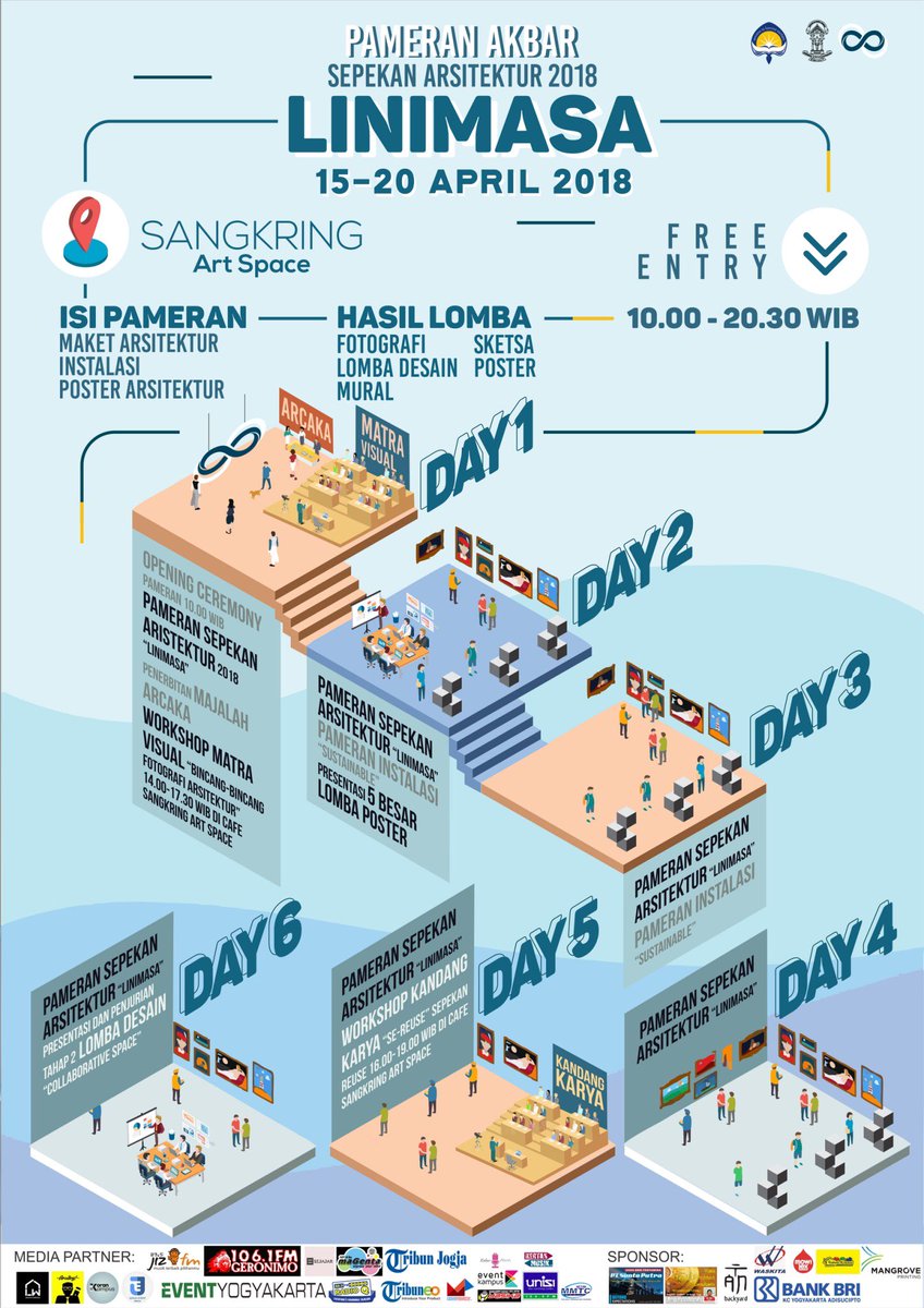 jogjaartweeks's tweet photo. Pameran Akbar Sepekan Arsitektur 2018: LINIMASA - Pameran yang diselenggarakan oleh Himpunan Mahasiswa Arsitektur Tricaka Univ. Atma Jaya Yogyakarta. berkolaborasi dengan mahasiswa dari UGM, UKDW, UTY, dkk. 15-20 April 2018 di Sangkring Art Space @Sangkring #JAW2018 #ARTNENGNDI https://t.co/uPRtDpYEMz