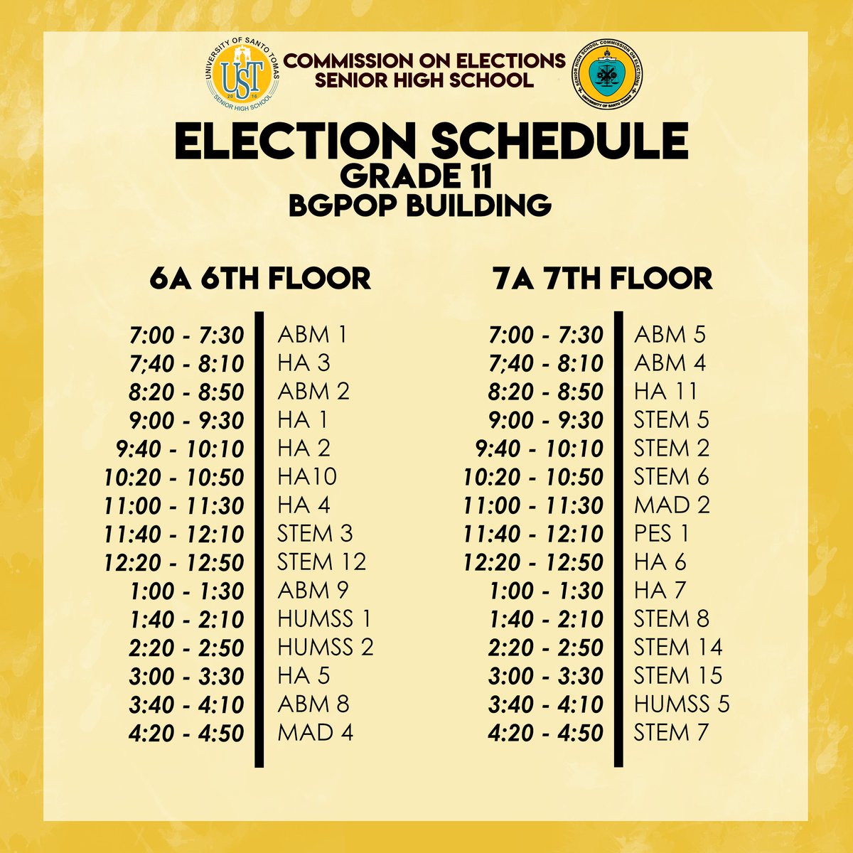 ustshscomelec's tweet photo. Here are the election schedules for all Grade 11 Curriculum A students for the 2018 Local and Central Student Council Elections.
Please be guided accordingly.
All together for a culture of empowered democracy!
#AngUnangHalalan
#SHSLSC2018
#USTHalalan2018 https://t.co/R4ZThNF8LM