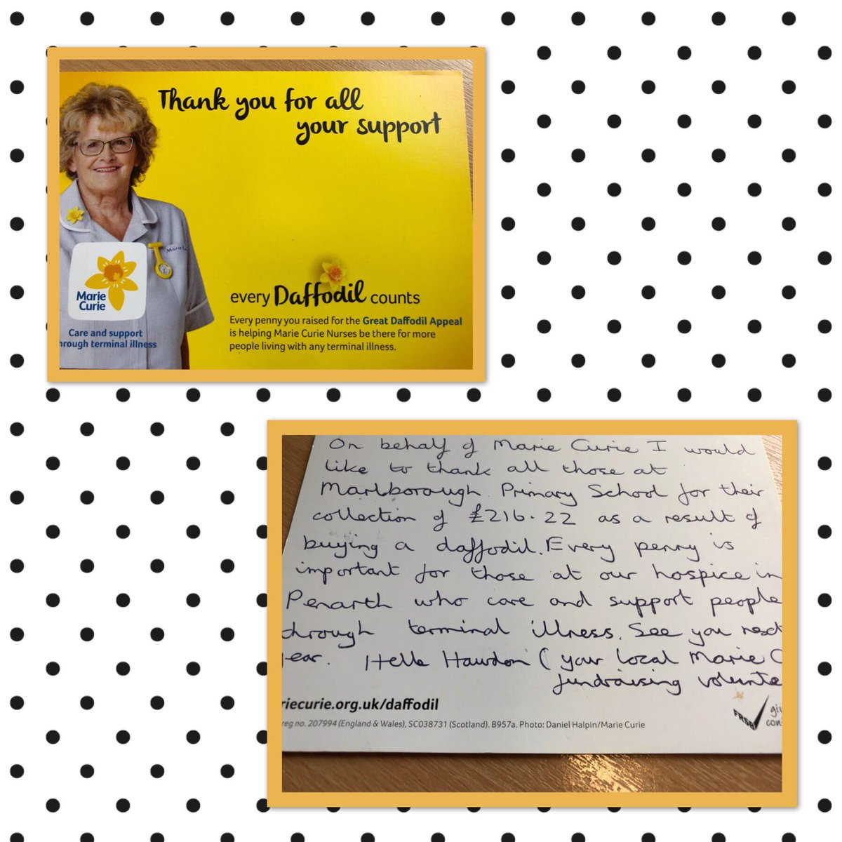 Marlborough Primary (@marlboroughpri) on Twitter photo Lovely thank you card from <a href="/mariecurieuk/">Marie Curie</a> for the £216.22 raised as a result of buying daffodils. Lovely thank you card from <a href="/mariecurieuk/">Marie Curie</a> for the £216.22 raised as a result of buying daffodils.