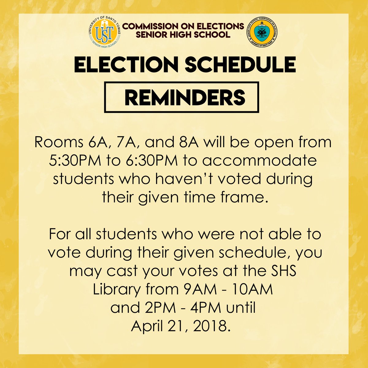 ustshscomelec's tweet photo. Here are the election schedules for all Grade 11 Curriculum A students for the 2018 Local and Central Student Council Elections.
Please be guided accordingly.
All together for a culture of empowered democracy!
#AngUnangHalalan
#SHSLSC2018
#USTHalalan2018 https://t.co/R4ZThNF8LM