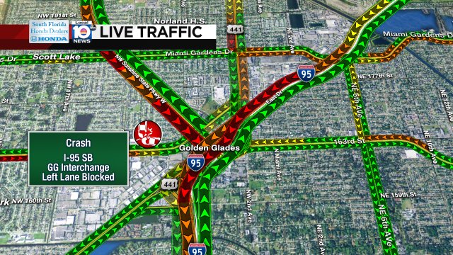 CRASH: I-95 SB & GG Interchange; a left lane is blocked and delays are building. #TRAFFIC #MIAMI https://t.co/ROIhvqSFiM