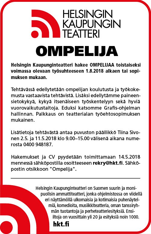 hktfi's tweet photo. Tervetuloa meille töihin sinä koulutettu ja kokenut ompelija! ✨ #hktfi #helsinginkaupunginteatteri #ompelimo #työelämä #rekry https://t.co/DcxkWvpsGL