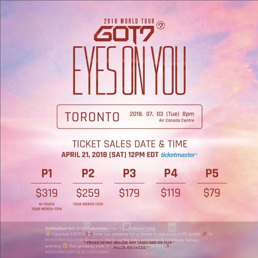 SaaraSTorrison's tweet photo. Hey I GOT7s! Don't forget tickets for GOT7 2018 WORLD TOUR 'EYES ON YOU' IN TORONTO go on sale Saturday, April 21, 2018 at 12PM EDT! #EYESONYOUinTOR #EYESONYOUP1TICKETGIVEAWAY https://t.co/WJPyZZYVQw