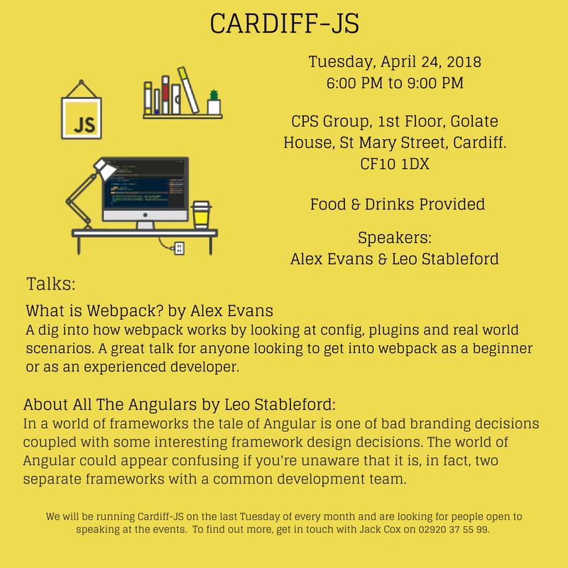 CPSGroupUK's tweet photo. There's still 1 week left to secure your place at Cardiff-JS on 24/04/18! 
https://t.co/CBFS1C6TUb …
Get in touch with @JackFERecruiter on 02920 37 55 99 to find out more! 
#techtalk #javascript #developers #webdev #meetup #Dev #Coding https://t.co/xg7OlIuxkC