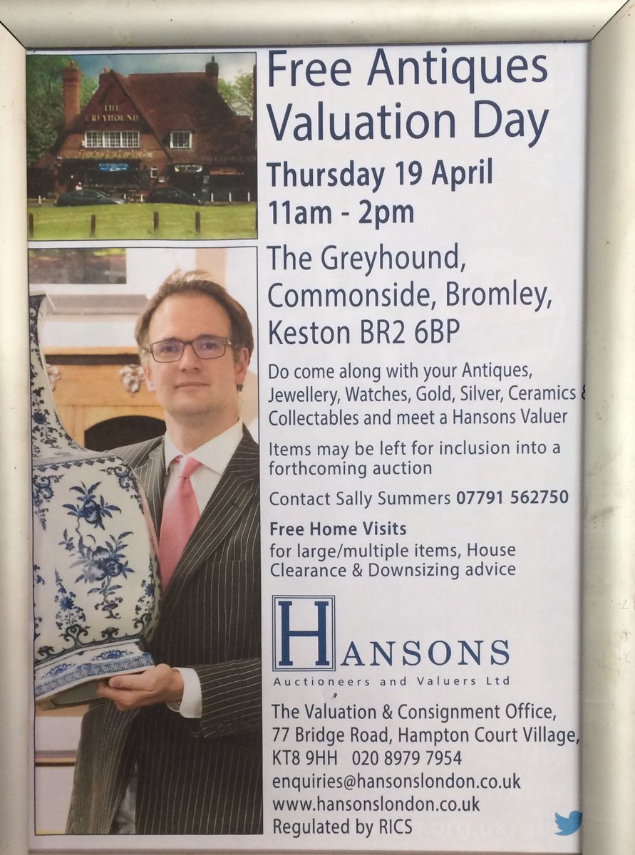 GreyhoundKeston's tweet photo. Antiques Roadshow this Thursday 11 am to 2 pm
Come and have your heirlooms and artifacts appraised and valued.
@CannonCars @ShepherdNeame @BR6Life @AroundOrpington @Reflexology36 @WoW_Bromley https://t.co/agg869hXT6