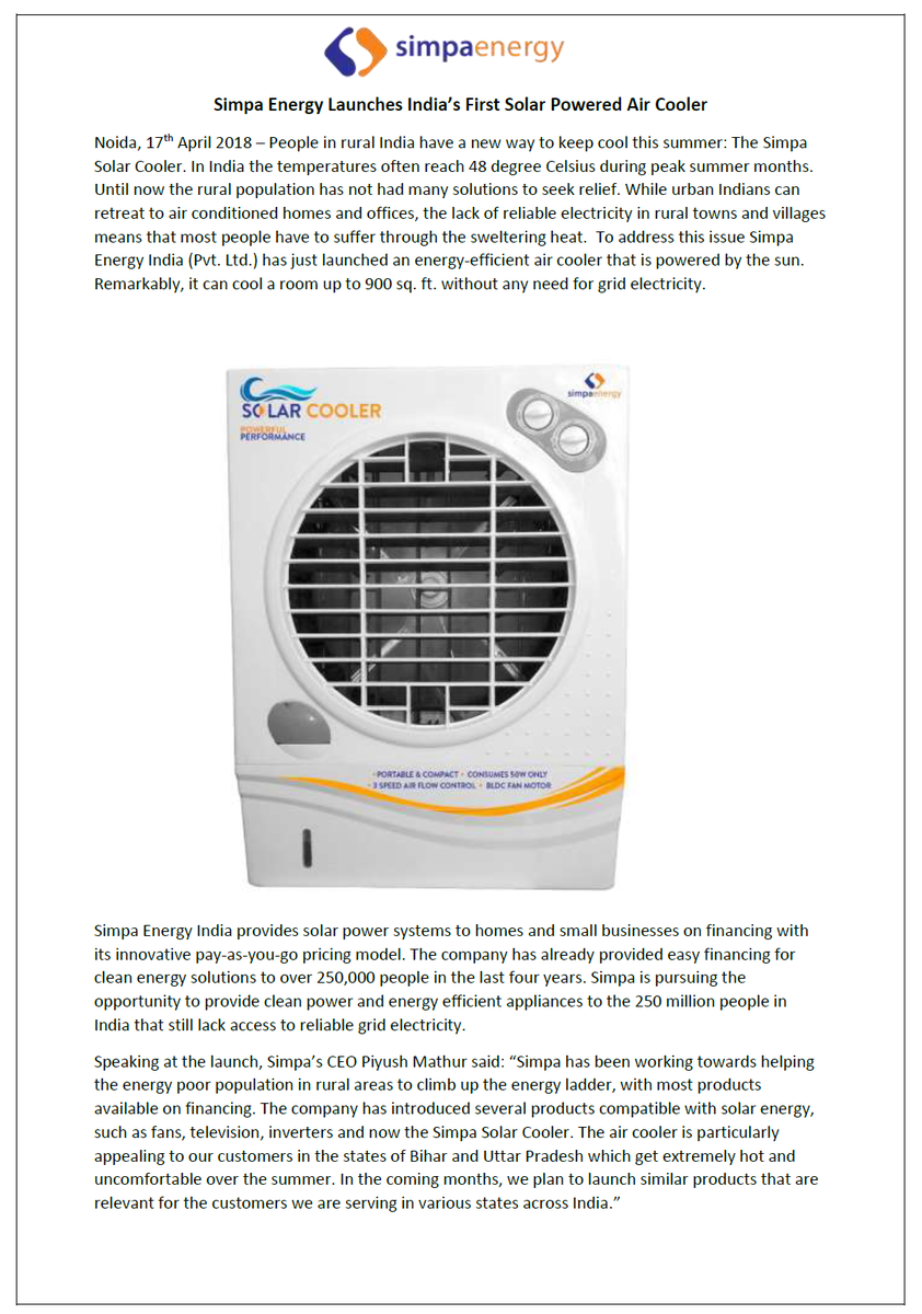 simpanetworks's tweet photo. Simpa Energy Launches India’s First Solar Powered Air Cooler!
People in rural India have a new way to keep cool this summer through Simpa's Solar Cooler.
#PressRelease #SolarCooler #CleanEnergyForAll #SDG7 #SolarInnovation #SolarEnergy #India #RenewableEnergy #ActOnClimate https://t.co/H4zdTpm68f