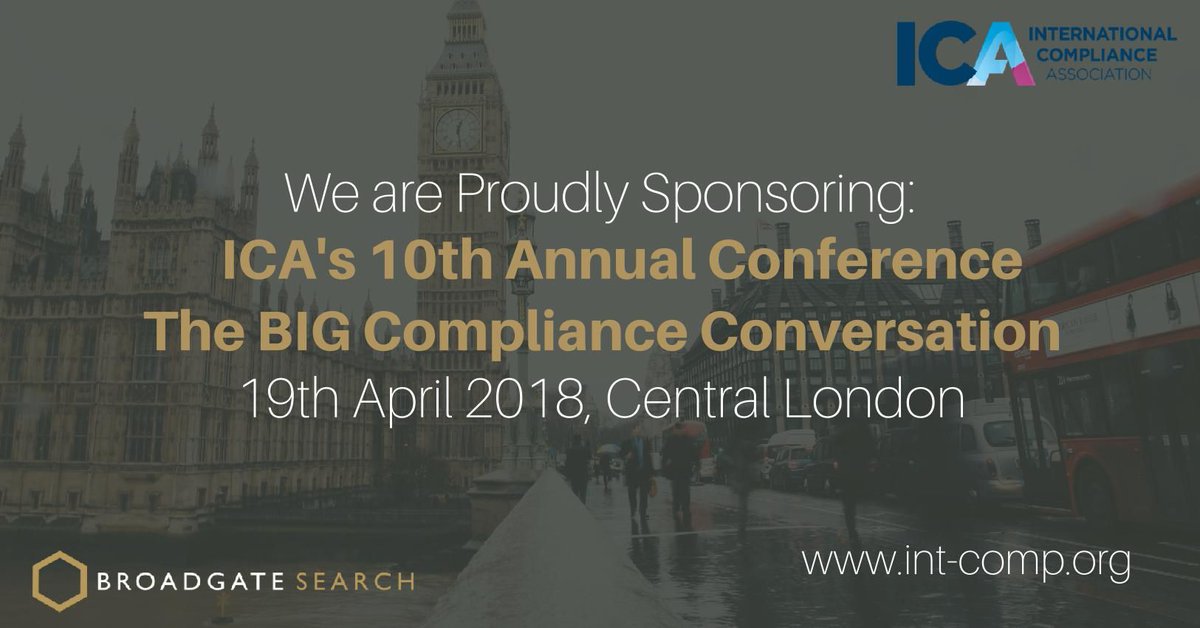 broadgatesearch's tweet photo. We are proud to announce that we will be sponsoring the @intcompassoc 10th Annual Conference 'The BIG Compliance Conversation' this Thursday in Central London.
#BroadgateSearch #IntegritytotheCore #ICA #Sponsor https://t.co/LPhTrggm3y