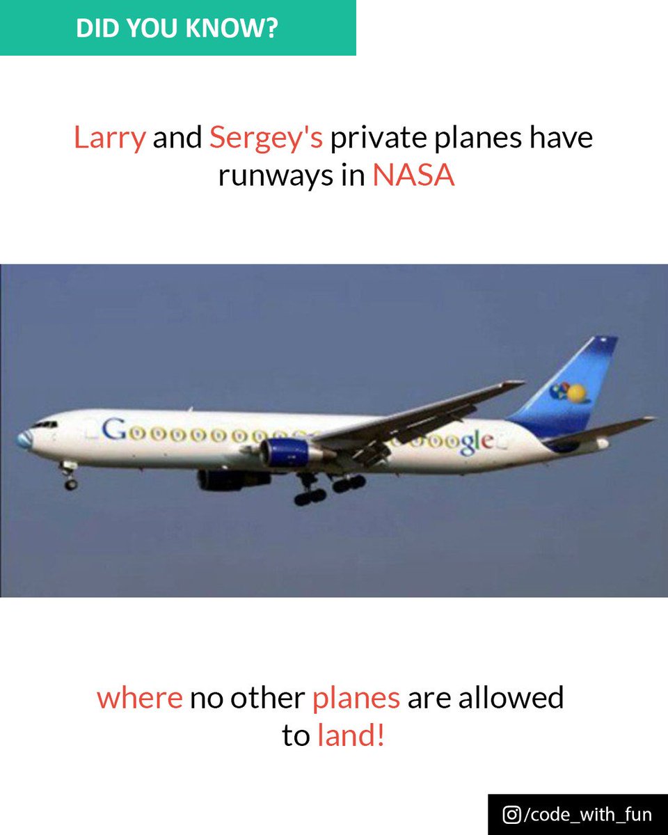 codewithfun's tweet image. Larry and Sergey's private planes have runways in NASA. Where no other planes are allowed to land!