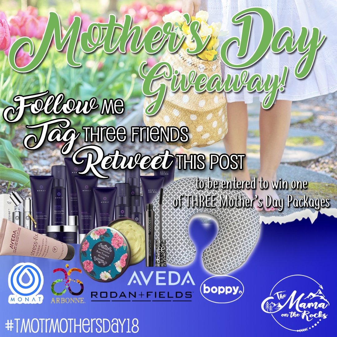 mamaontherockz's tweet photo. #MothersDay #Giveaway! Enter to win one of three gift bundles
#Steps:
1. Follow Me
2. Tag 3 Friends
3. #Retweet this post using #TMOTRMOTHERSDAY2018
#Arbonne #Aveda #Boppy #Monat #RodanandFields #TuckusButter https://t.co/ewypo6weQv