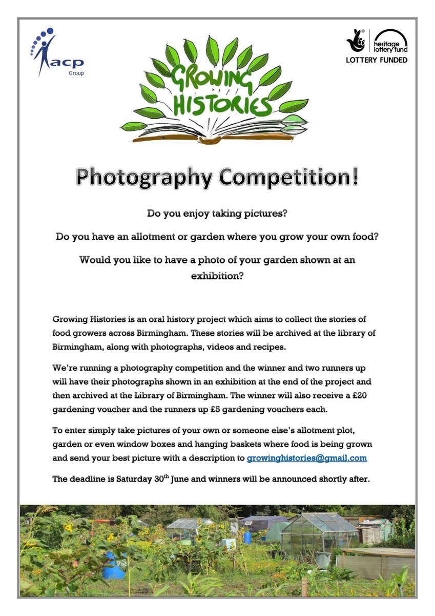 GrowHistory's tweet photo. Enter our photography competition and have the chance to win gardening vouchers and have your photograph shown at the @GrowHistory exhibition! More details in the picture below @heritagelottery @ashianacp #photography #gardening #Vegetable #exhibition #oralhistory https://t.co/yXnej7yLbE