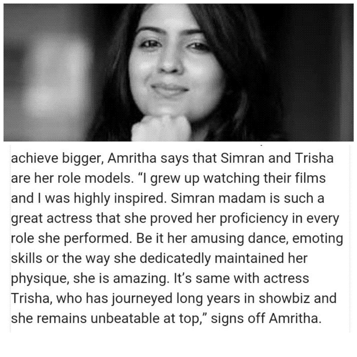 madhantrish's tweet photo. #ActressAmritha revealed her Role Model!
#Simran 
#SouthQueen @trishtrashers ❤👇
💃💃💃👌👌👌👏👏👏
Proud😎😎😎 https://t.co/WmXySpY1xI