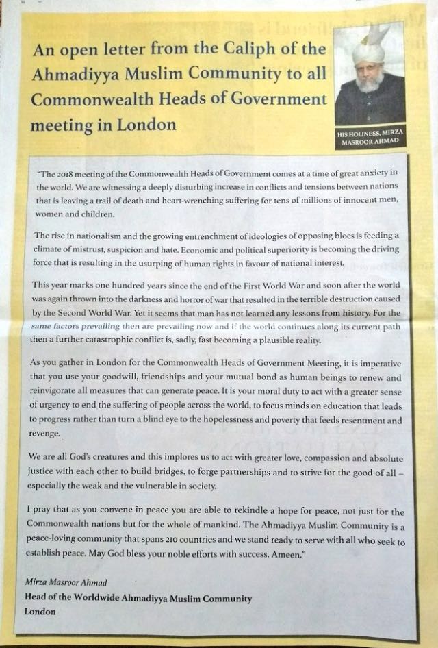 Open letter from the <a href="/KhalifaofIslam/">Khalifa of Islam</a> to all attending the 2018 Commonwealth Heads of Government meeting. Important message with deep impact. Leadership matters, and I hope these words help our leaders make right decisions.