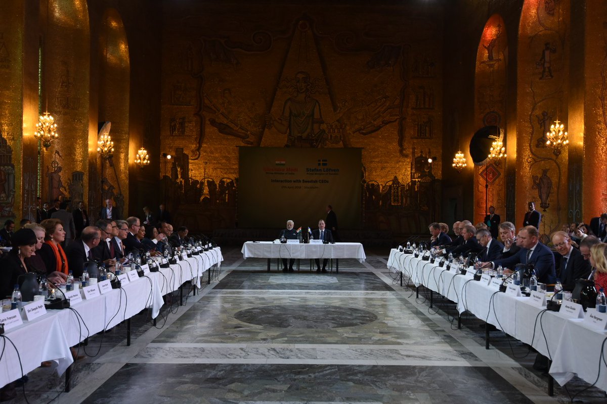 narendramodi's tweet photo. Stronger business relations between India and Sweden augur well for the people of our nations. Met a group of leading Swedish CEOs at the roundtable in Stockholm. https://t.co/gJTG2uf7yt